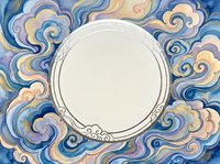 Watercolor swirling clouds in blue, purple and gold tones surround a round blank frame for text or logo, Asian style art.