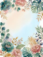 Watercolor floral frame with teal and pink peonies, tropical leaves, and gold geometric accents on a soft pastel background for wedding cards.
