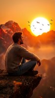 Man sitting on rocky cliff edge watching golden sunset with flying birds and mountains, contemplating nature and freedom.