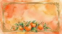 Vintage botanical arrangement of ripe oranges with green leaves and branches on warm watercolor background with ornate gold decorative border frame.