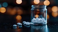 Glass jar filled with white medical pills and tablets on dark surface with warm bokeh lights in background, moody healthcare concept.