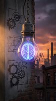 Glowing neon brain filament bulb suspended by chain against industrial brick wall with gear sketches and steampunk cityscape at sunset, symbolizing innovation and artificial intelligence.