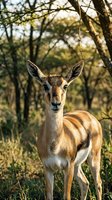 Young impala antelope standing alert in golden sunlight among acacia trees in African savanna wilderness during warm evening hours.