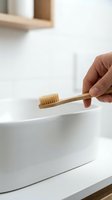 Hand holding a bamboo toothbrush over a white ceramic sink in a modern bathroom, promoting eco-friendly oral care and sustainable living.