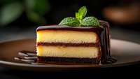 Layered cheesecake slice with chocolate ganache topping and fresh mint garnish on brown plate against dark background, dramatic lighting highlights texture.