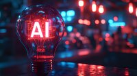 Glowing light bulb with red AI text inside against dark background with bokeh lights, symbolizing artificial intelligence innovation and technology concept.