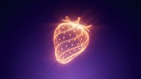 Glowing neon wireframe strawberry with golden light trails on dark purple background, suitable for technology, innovation, and digital design projects.