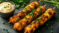 Grilled chicken skewers with herbs and creamy sauce on dark slate, garnished with fresh chives and rosemary for barbecue dining and outdoor cooking recipes.