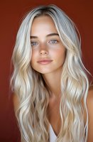 Young woman with platinum blonde wavy hair, natural freckles, and bright blue eyes against brown background, wearing white top. Perfect for beauty and fashion advertising.