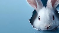 White rabbit with pink ears and red eyes peering through torn paper hole against blue background, creating playful peek-a-boo effect for creative design projects.