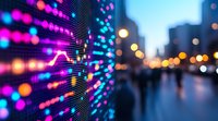 Digital stock market display panel with neon pink and blue numbers against blurred urban cityscape with bokeh lights and reflections in evening.