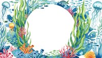 Underwater ocean frame with coral reef, seaweed, jellyfish and tropical fish creating circular border on white background for marine design projects.