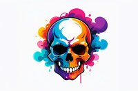 Colorful skull with vibrant paint splash effect in orange, blue, pink and purple tones on white background, artistic design element for modern street art style graphics.