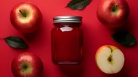 Fresh red apples and homemade jam in glass jar on vibrant red background with green leaves and sliced fruit, modern food photography composition.