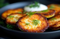 Golden potato pancakes garnished with fresh dill and sour cream served on dark plate, close up view showing crispy texture and caramelized edges.