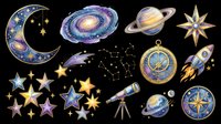 Watercolor space clipart set with moon, galaxy, Saturn, rocket, telescope, stars, compass rose, and constellations, isolated on transparent background, ready for stickers and t-shirt design.