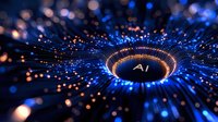 Glowing AI symbol in center of digital vortex with radiating blue light streams and bokeh effects creating futuristic technological atmosphere.