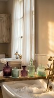 Luxury bathroom interior with vintage glass bottles and brass fixtures creating elegant spa atmosphere for home decor and wellness design.
