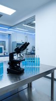 Modern laboratory interior with microscope and blue liquid test tubes on steel table, clean white research facility background.