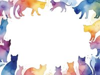 Colorful watercolor cat silhouettes frame border on white background for pet design projects and feline themed artwork.