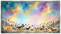 Diverse group of cartoon dogs and cats playing together in a colorful, whimsical landscape with rainbow sky and flowers, suitable for children's books, greeting cards, and family-friendly designs.