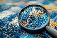 Magnifying glass revealing detailed woven textile pattern with blue, gold, and cream threads in close-up macro view, suitable for design and educational materials.