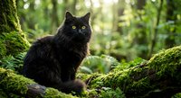 Black cat with bright yellow eyes sitting on moss-covered log in enchanted forest. Mysterious feline portrait surrounded by lush green woodland vegetation.