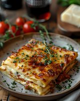 Homemade lasagna with melted cheese and fresh herbs served on rustic plate, garnished with thyme. Cherry tomatoes and wine glass in background, moody lighting.