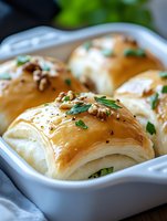Fresh baked puff pastry rolls with golden crust, topped with sesame seeds, chopped nuts and herbs, served in white ceramic baking dish.