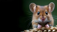 Adorable brown field mouse with pink paws sitting on woven basket against dark green background. Cute rodent with whiskers and round ears for nature designs.