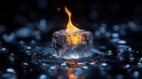 Bright orange flame burning atop melting ice cube in dark water with bokeh background creates dramatic contrast between fire and ice elements. Perfect for concepts of duality.