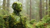 Moss-covered humanoid figure in enchanted forest setting with magical atmosphere and natural green textures for fantasy and environmental concepts.