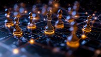 Chess pieces on glowing digital grid with network connections, representing business strategy and artificial intelligence in modern technology landscape.