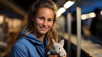Young Caucasian woman in blue hoodie smiling while holding white dwarf rabbit in barn setting with natural lighting and bokeh background. Represents animal care and companionship.