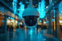 Security camera dome in urban environment with blue neon lights and bokeh effects creating futuristic surveillance atmosphere. Modern safety monitoring system.