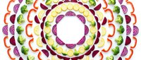 Colorful vegetable mandala pattern with sliced onions, peppers and broccoli arranged in concentric circles on white background for healthy food designs.
