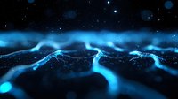 Glowing blue energy waves flow across dark background with light particles and bokeh effects creating futuristic abstract technological landscape.