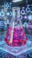 Glass laboratory flask with purple liquid on futuristic digital surface with glowing molecular formulas and chemical structures in modern science lab.