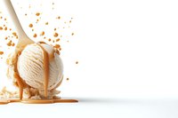 Creamy vanilla ice cream scoop on white background with dripping caramel sauce and splashes, isolated dessert composition for menu design and advertising.