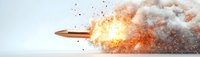 Flying bullet with fire and smoke trail in motion against light background, dynamic shot showing ballistic trajectory and explosive force effect.