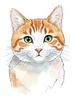Orange tabby cat portrait with green eyes and white chest fur isolated on white background for pet lover designs and feline artwork projects.