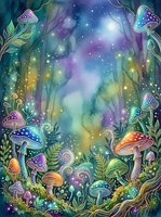 Enchanted forest clearing with glowing mushrooms, magical plants, and starlit sky creating a mystical woodland scene for fantasy and nature designs.