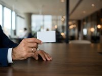 Businessman holding blank white business card in modern office lobby with blurred colleagues and windows in background for corporate branding and networking.