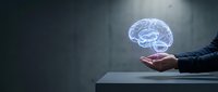 Businessman hand presenting glowing holographic brain model in modern office environment for artificial intelligence and neuroscience concepts.