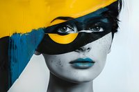 Artistic portrait of woman with blue lips and abstract yellow and blue paint mask overlay creating dramatic contrast against monochrome face.