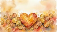 Golden heart surrounded by coins on warm watercolor background symbolizing love for money, wealth attraction and financial success in business.