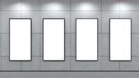 Empty white vertical frames on gray tiled wall in gallery exhibition space. Clean minimalist mockup for artwork display and presentations.