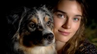 Young Caucasian woman with long brown hair and natural makeup poses with Australian shepherd dog against dark background, creating intimate portrait with soft lighting.