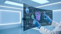 Doctor analyzing human anatomy on futuristic holographic medical interface display with organ systems and health data in modern clinical environment.