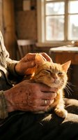 Elderly hands gently holding orange tabby kitten in warm sunlit room. Cozy domestic scene showing intergenerational bond between senior person and young cat.